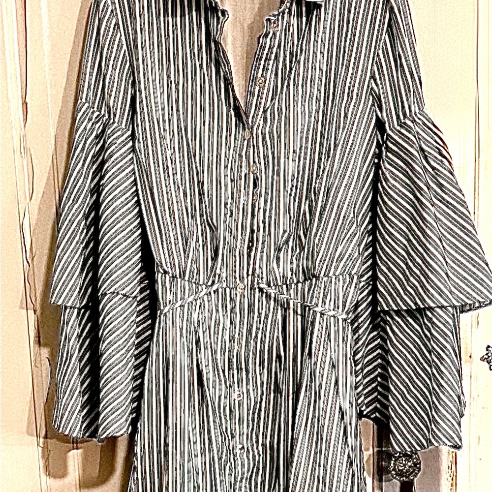 Rosie Assoulin Black and White Striped Long Sleeve Dress